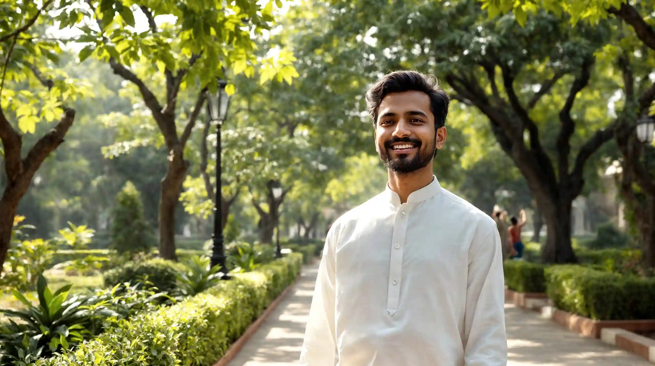 Young man smiling and standing in a sunny park with trees in the background