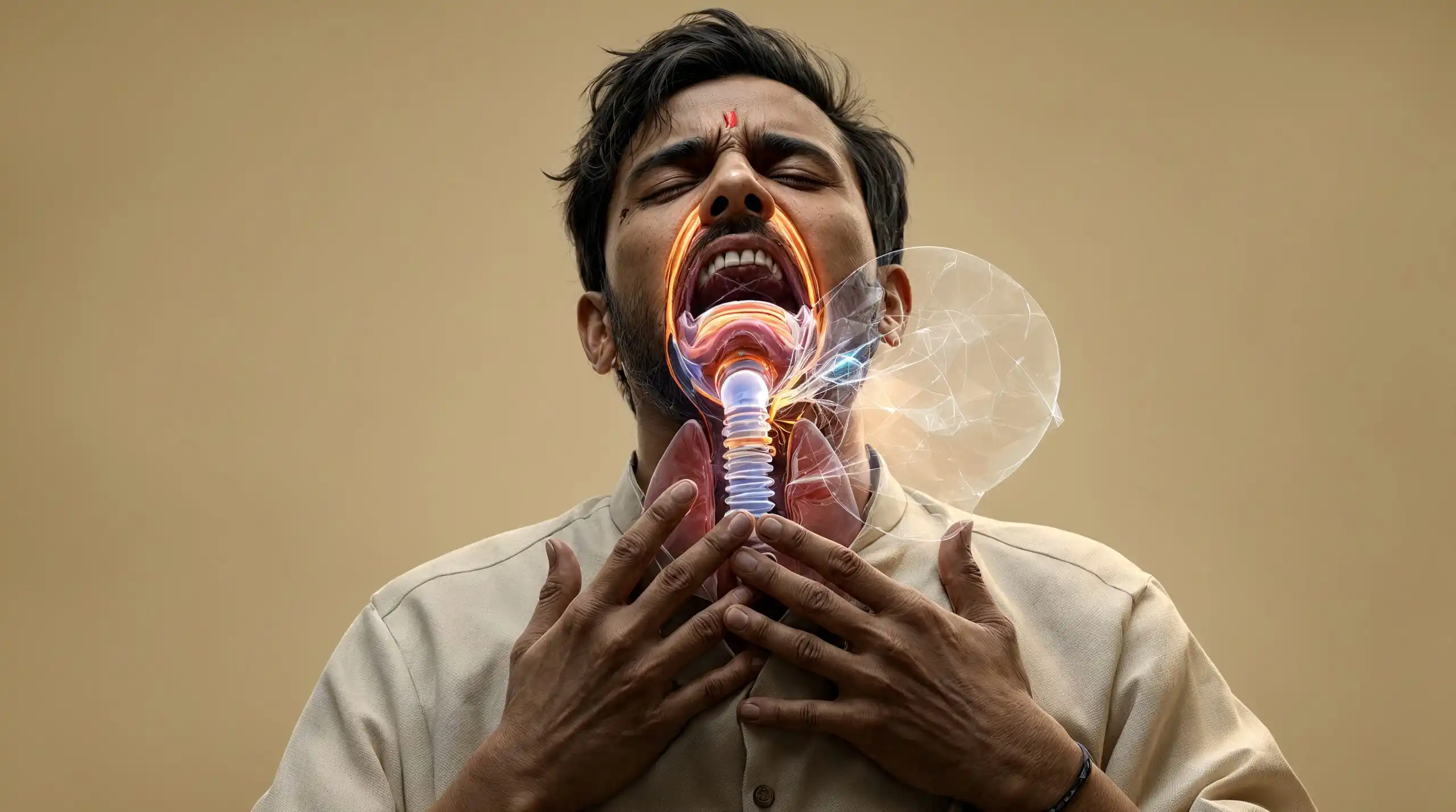 Man with throat pain, superimposed with illuminated anatomical illustration of the throat and neck.