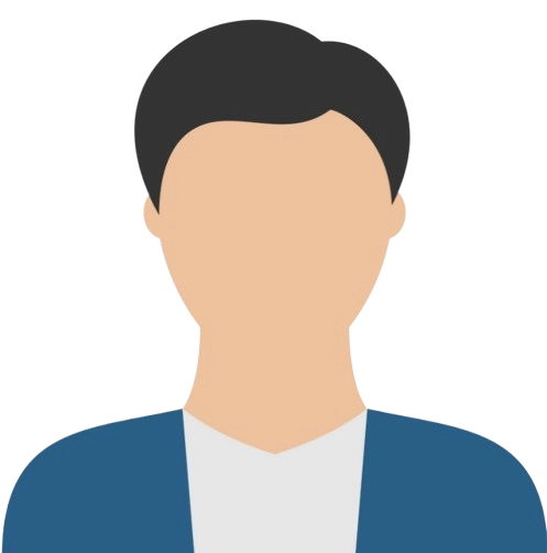 Faceless male avatar with short black hair wearing a blue jacket over a white shirt