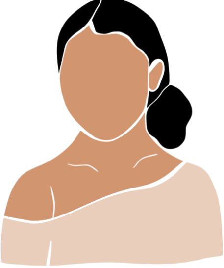Minimalist illustration of a faceless woman with dark hair tied back in a low bun, wearing an off-shoulder beige top on a transparent background.