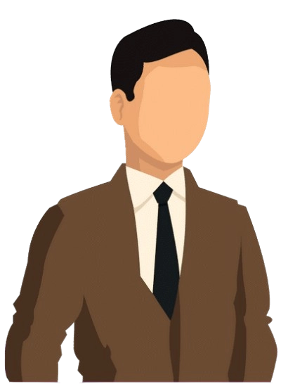 Minimalist illustration of a faceless man with short dark hair, wearing a brown suit with a white shirt and black tie, on a transparent background.