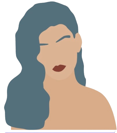 Minimalist illustration of a faceless woman with long wavy blue-gray hair swept to one side, bold eyebrows, and dark red lips, on a transparent background.