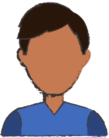 Cartoon-style illustration of a faceless boy with short dark brown hair, wearing a blue V-neck shirt, on a transparent background.