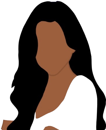 Minimalist illustration of a faceless woman with dark brown skin and long black wavy hair, wearing a black top with a deep neckline, on a transparent background.
