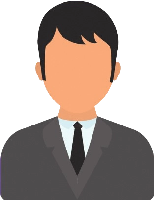 Flat-style illustration of a faceless man with short black hair, wearing a dark gray suit, white shirt, and black tie, on a transparent background.
