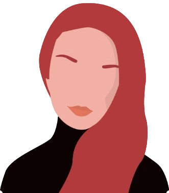 Minimalist illustration of a faceless woman with long, flowing red hair, wearing a high-neck black top and subtle makeup, on a transparent background.