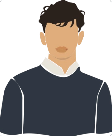 Minimalist illustration of a faceless young man with tousled dark hair, wearing a navy blue sweater over a white collared shirt, on a transparent background.