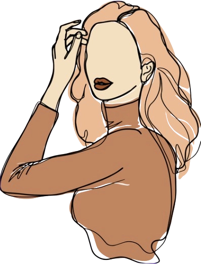 Stylized line art illustration of a faceless woman with long wavy hair, wearing a high-neck brown top and touching her head with one hand, on a transparent background.