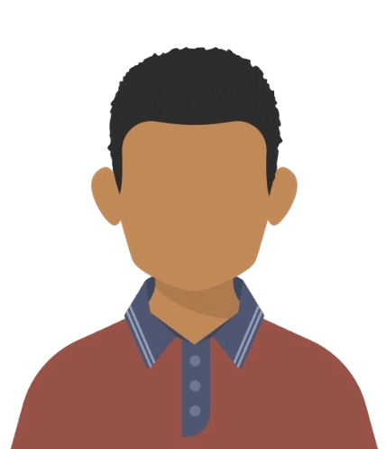 Flat-style illustration of a faceless boy with short black hair, wearing a maroon collared shirt with blue and white accents, on a transparent background.