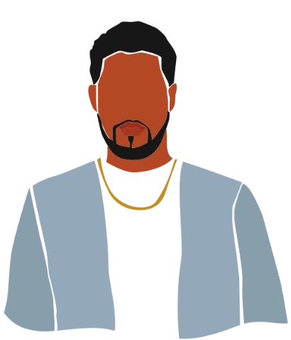 Minimalist illustration of a faceless man with short curly hair, a full beard, and dark skin tone, wearing a light blue jacket over a black shirt and a gold chain necklace, on a transparent background.