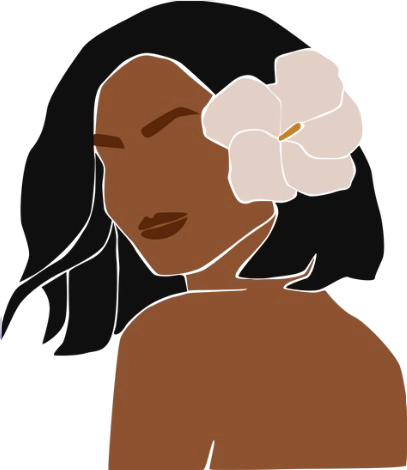 Minimalist illustration of a faceless woman with dark skin and black shoulder-length hair, adorned with a large white flower tucked behind her ear, on a transparent background.
