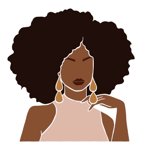 Minimalist illustration of a faceless woman with dark brown skin and a large afro hairstyle, wearing a sleeveless light pink top and gold teardrop earrings, with one hand raised near her chin, on a transparent background.