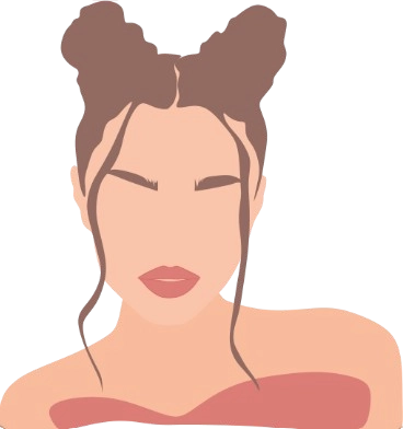  Minimalist illustration of a faceless woman with light skin, wearing a red off-shoulder top, styled with two high space buns and loose strands framing her face, on a transparent background.