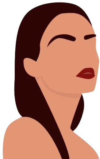 Minimalist illustration of a faceless woman with long dark hair, arched eyebrows, and bold red lips, shown in a side-facing pose with her head slightly tilted upward, on a transparent background.