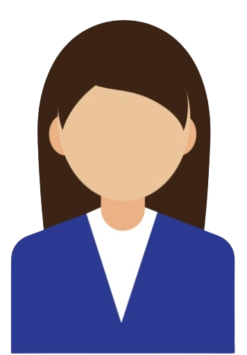 Vector illustration of a woman with straight brown hair wearing a blue blazer over a white top. Face is featureless.