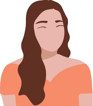 Stylized illustration of a woman with wavy brown hair, wearing an off-shoulder orange top and smiling with closed eyes. Face has minimal features.