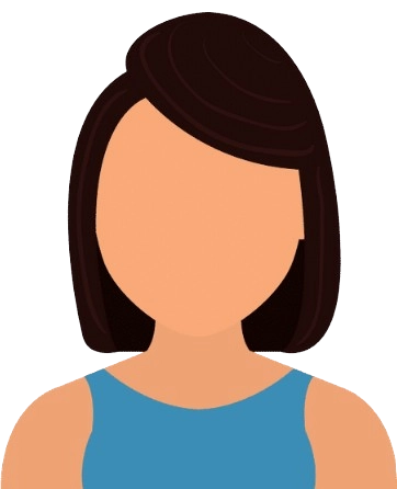 Flat avatar of a woman with short, side-parted dark brown hair wearing a sleeveless blue top. Face is blank.