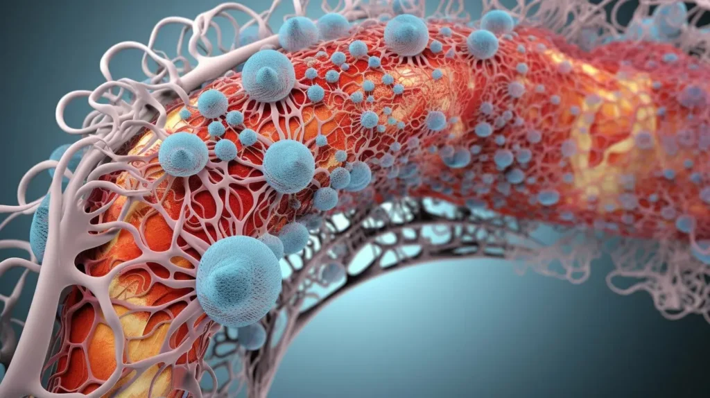 Microscopic image showing blue pathogens infecting a blood vessel.