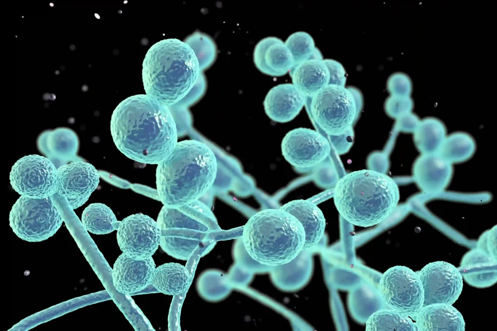 3D illustration of Candida fungus cells under a microscope, showing spherical yeast structures connected by branching filaments on a black background.