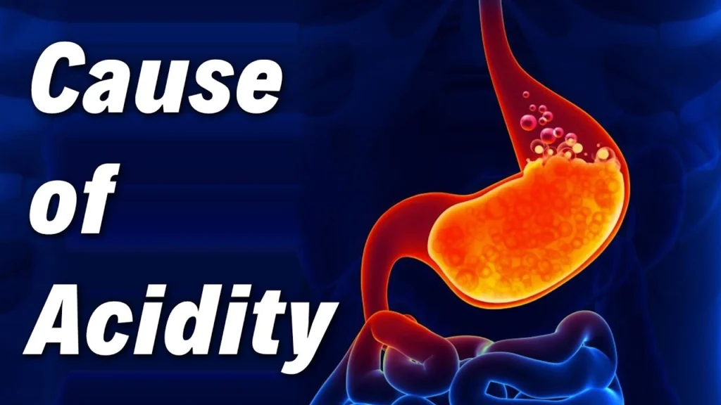 Woman holding her chest and stomach in discomfort, indicating acid reflux or heartburn. Inset illustration of a stomach with acid bubbles.