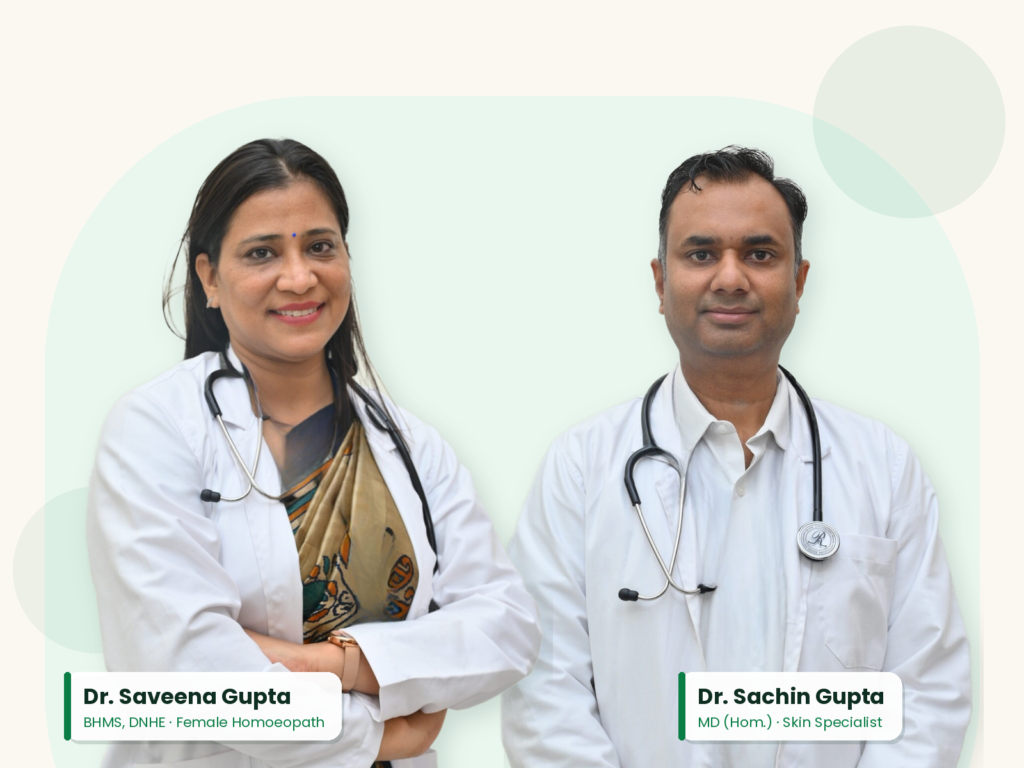 Dr. Saveena Gupta (BHMS, DNHE) and Dr. Sachin Gupta (MD Hom.), homoeopathic doctors at Gupta Homoeo Clinic, Jaipur